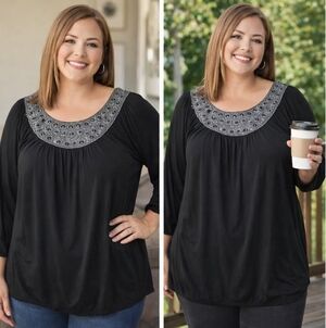 Alfani Elegant Black Blouse with Intricate Silver Embroidery